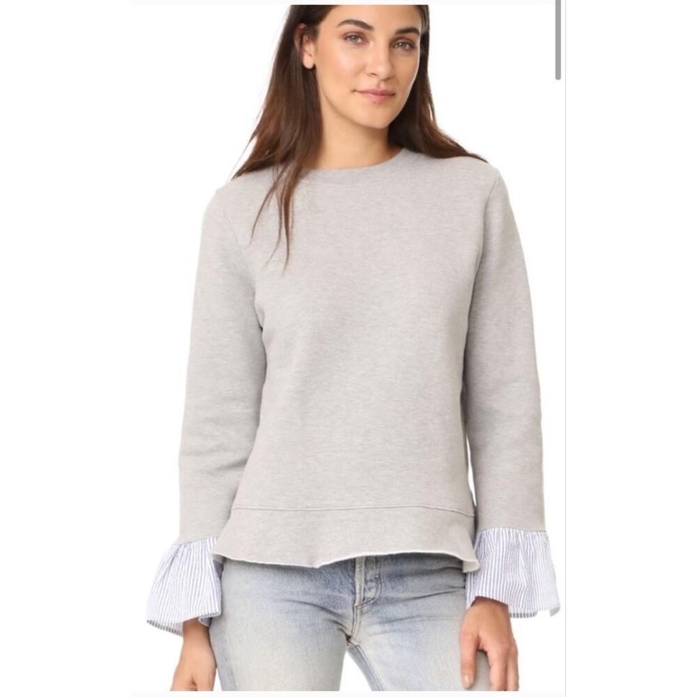 CLU Too Mixed Media Sweatshirt Ruffle Sleeve Striped Cuff Grey Top Chic Small